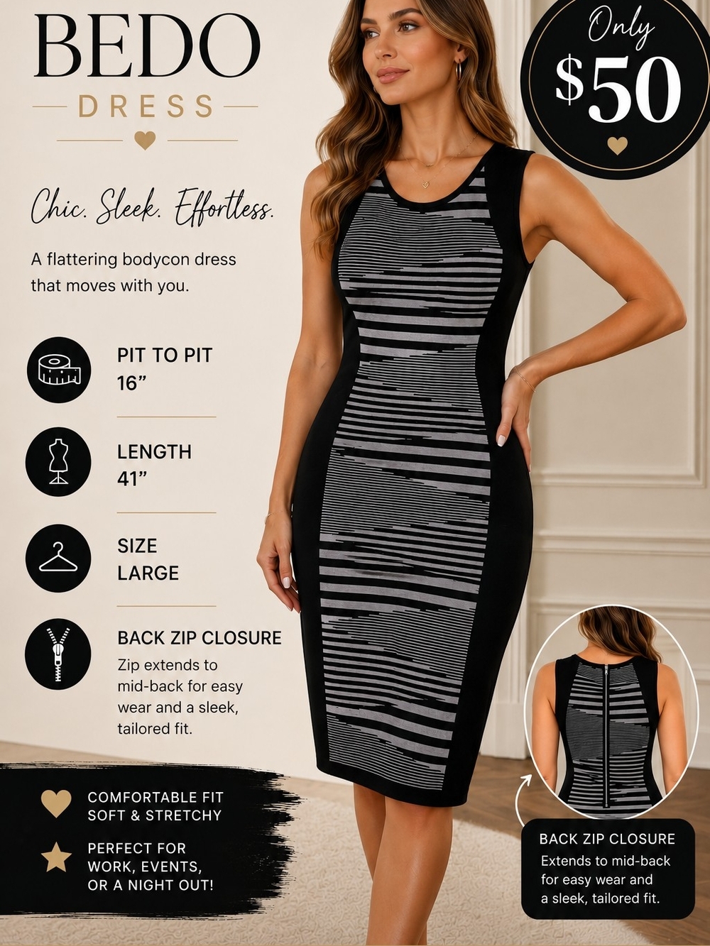 BEDO Women’s Black & Gray Bodycon Dress - Classic Sleek Fit